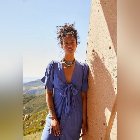 Free People Vintage Summer Midi Dress S Chambray Blue - Picture 4 of 9